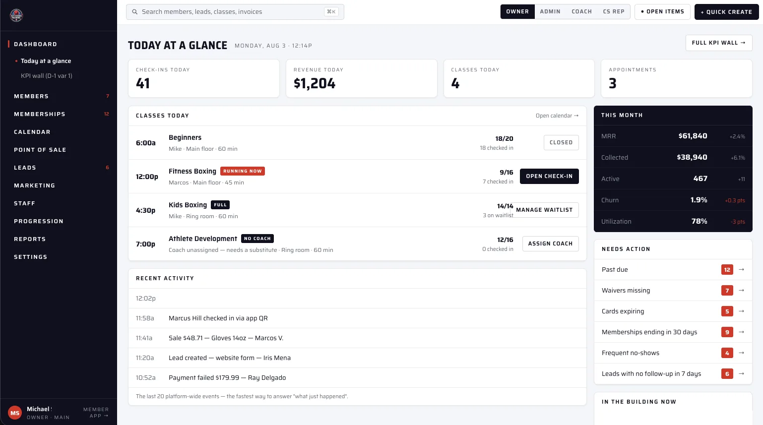 Business management platform screen