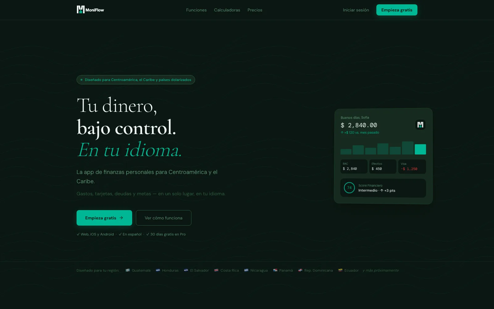 Screenshot of the MoniFlow website, a personal finance app for Central America and the Caribbean